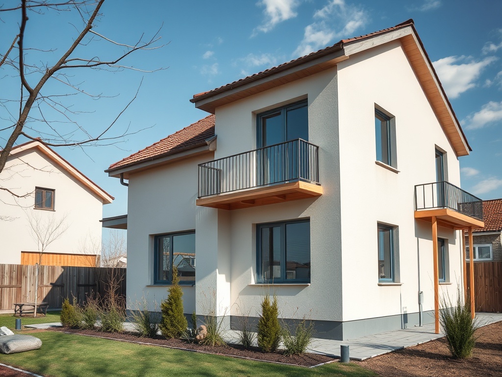 Современный двухэтажный дом с балконами, зеленым садом и ясным небом на фоне.