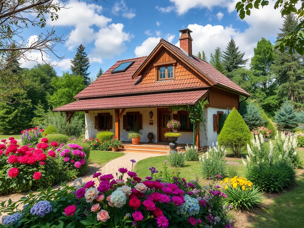 Уютный загородный дом с цветочным садом и зелеными деревьями на фоне ясного голубого неба.