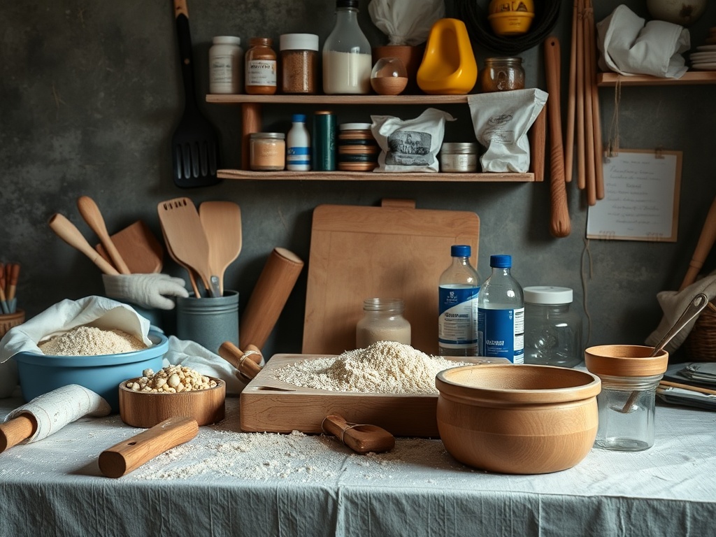 Стол с мукой, кулинарными принадлежностями и контейнерами, используемый для приготовления пищи.