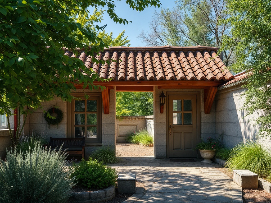 Красивая аркада с зеленым ландшафтом, стены из камня и крыша с черепицей на фоне яркого неба.