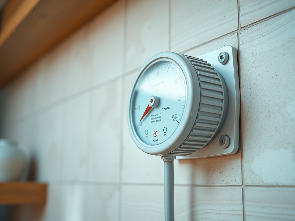 Манометр на стене с белой плиткой. Указывает давление, с красной и зеленой стрелками.