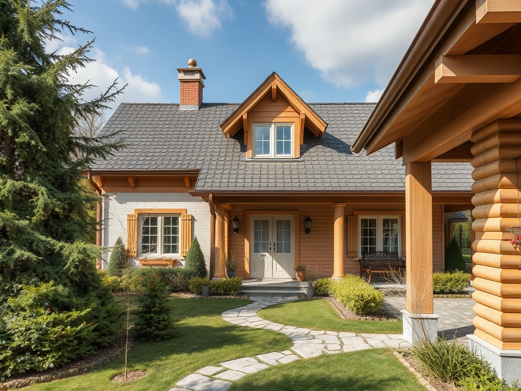 Красивая деревянная дача с яркой крышей и ухоженным садом на фоне голубого неба.