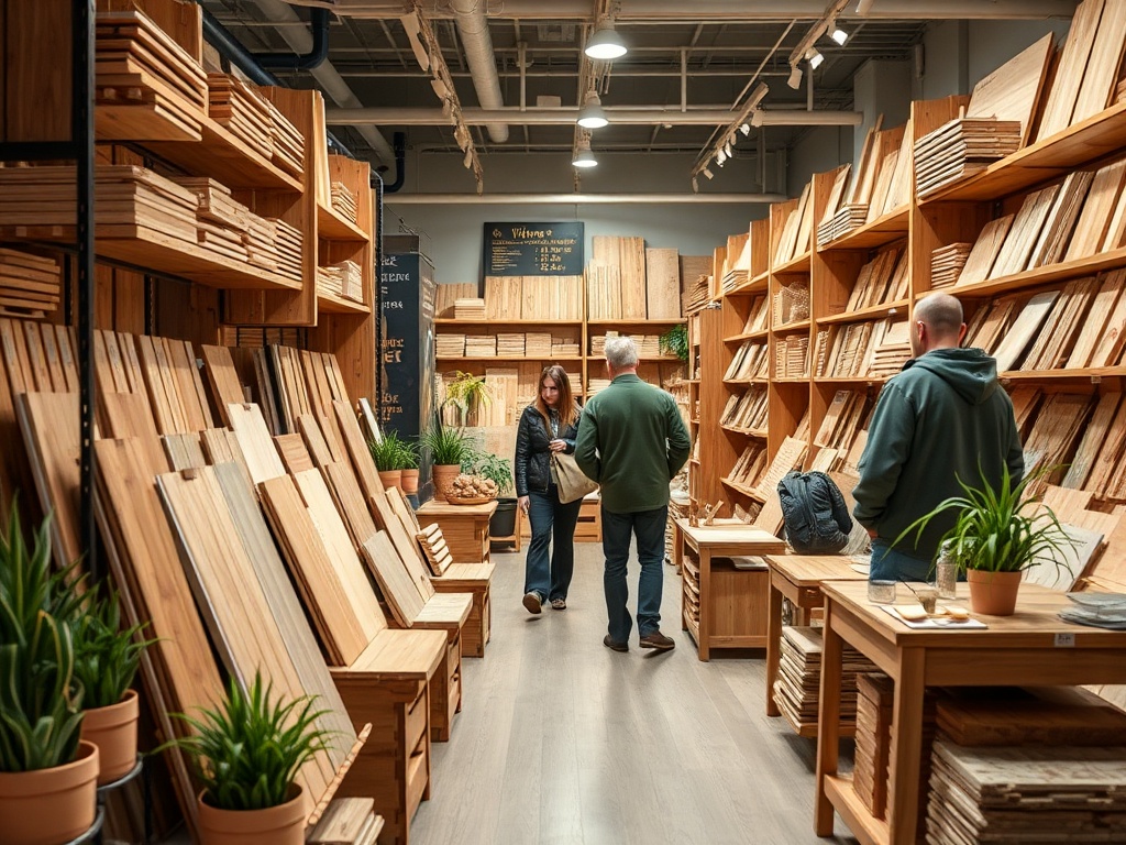 В магазине предлагаются деревянные материалы, покупатели обсуждают выбор среди полок с товарами.