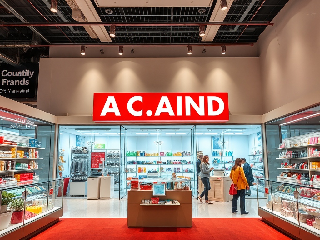 Магазин с ярким знаком A.C.AIND, наполненный косметикой и товарами для ухода. Клиенты ищут что-то интересное.