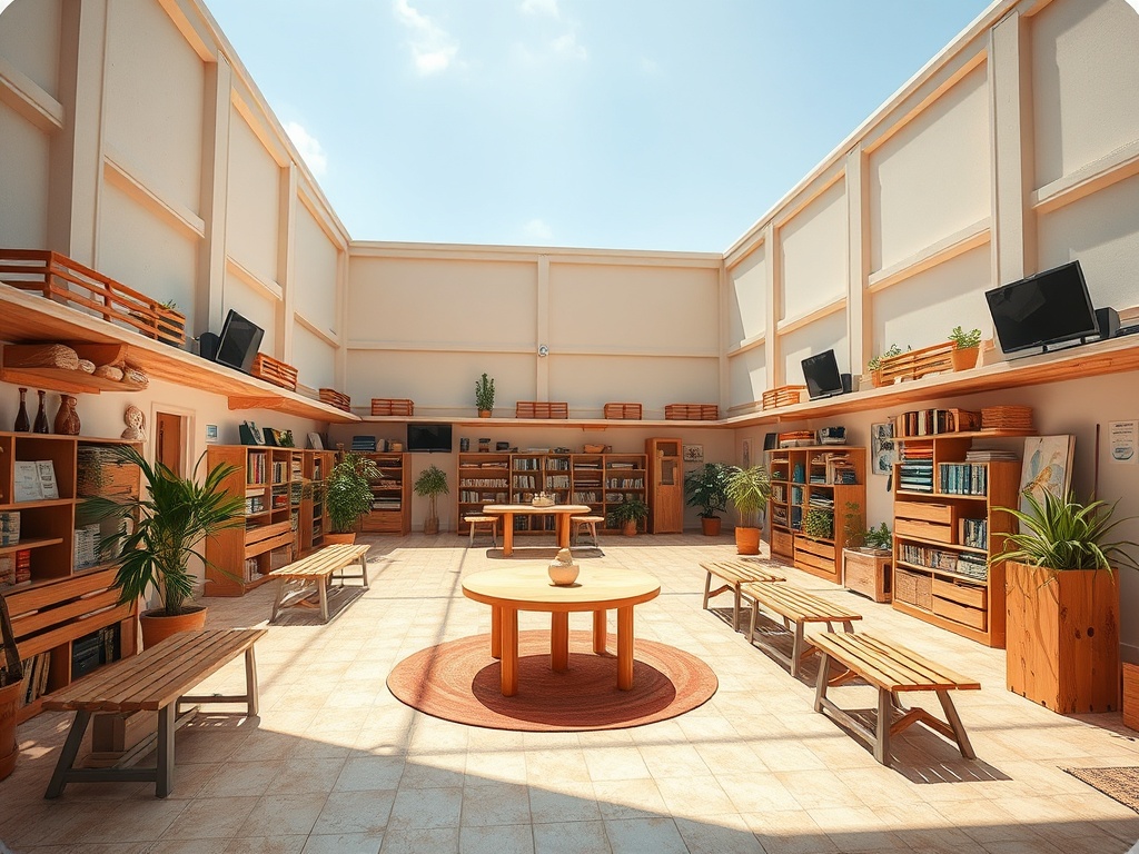 Светлое помещение библиотеки с деревянными полками, столами и растениями, уютная атмосфера для чтения.