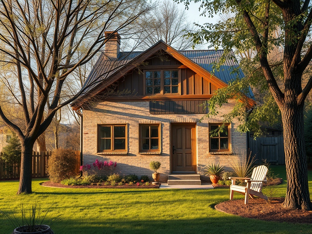 Дом с красивым садом, зелёным газоном и деревьями на фоне ясного неба. Уютный уголок природы.