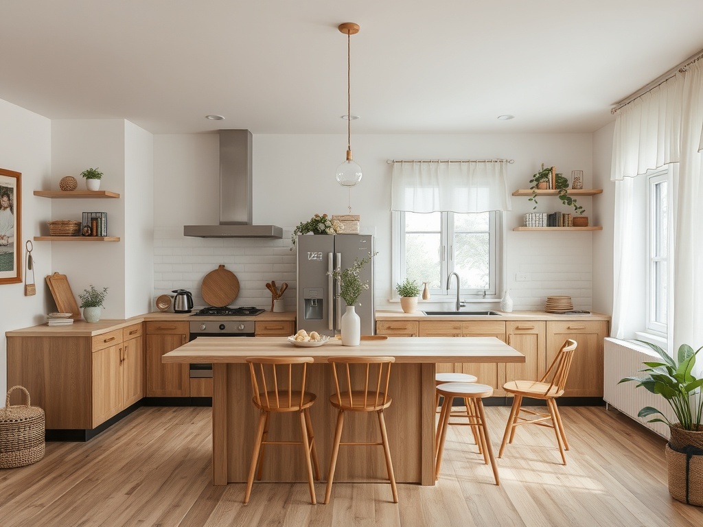 Современная светлая кухня с деревянной мебелью, растениями и уютной атмосферой.