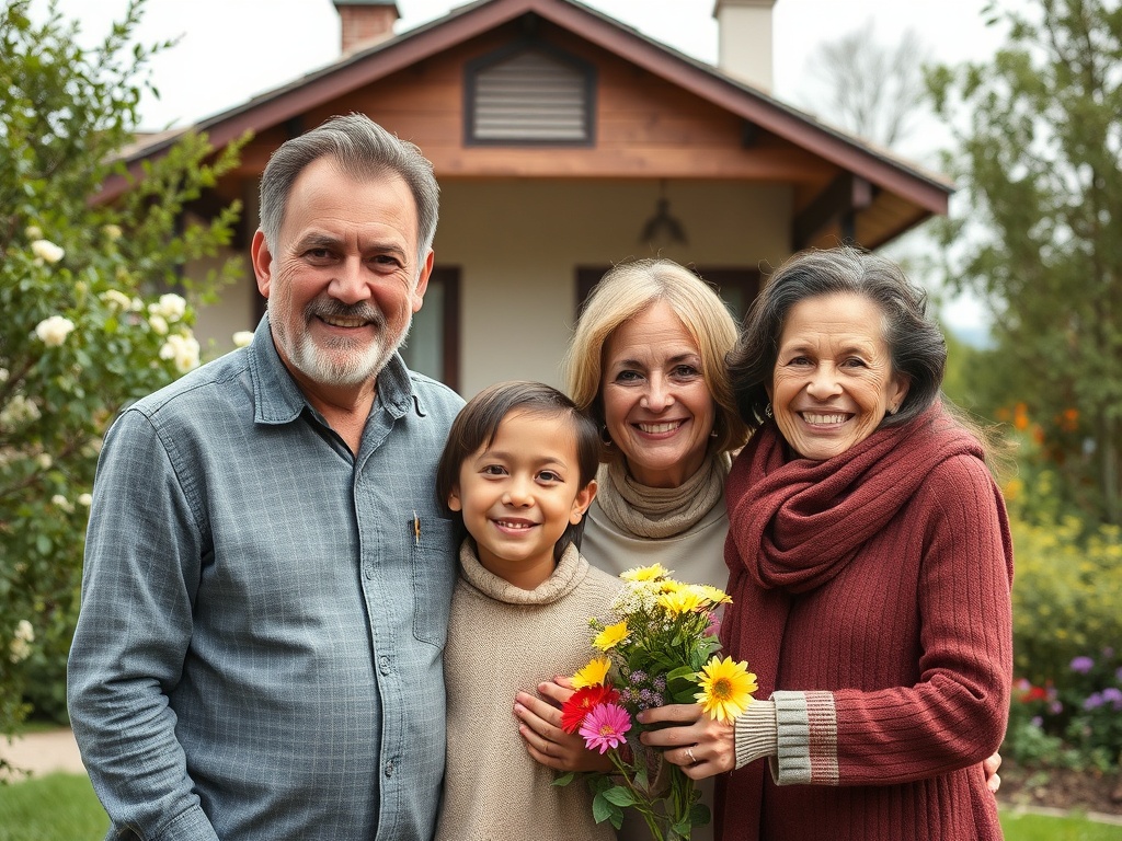 Семья на заднем дворе, улыбаются, стоят вместе, держат цветы на фоне дома и сада.