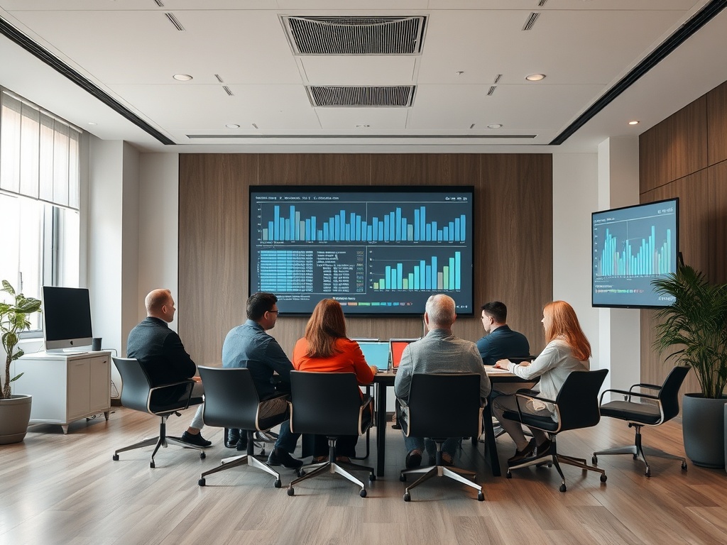 Группа людей на совещании в современном офисе, обсуждают графики и данные на экранах.