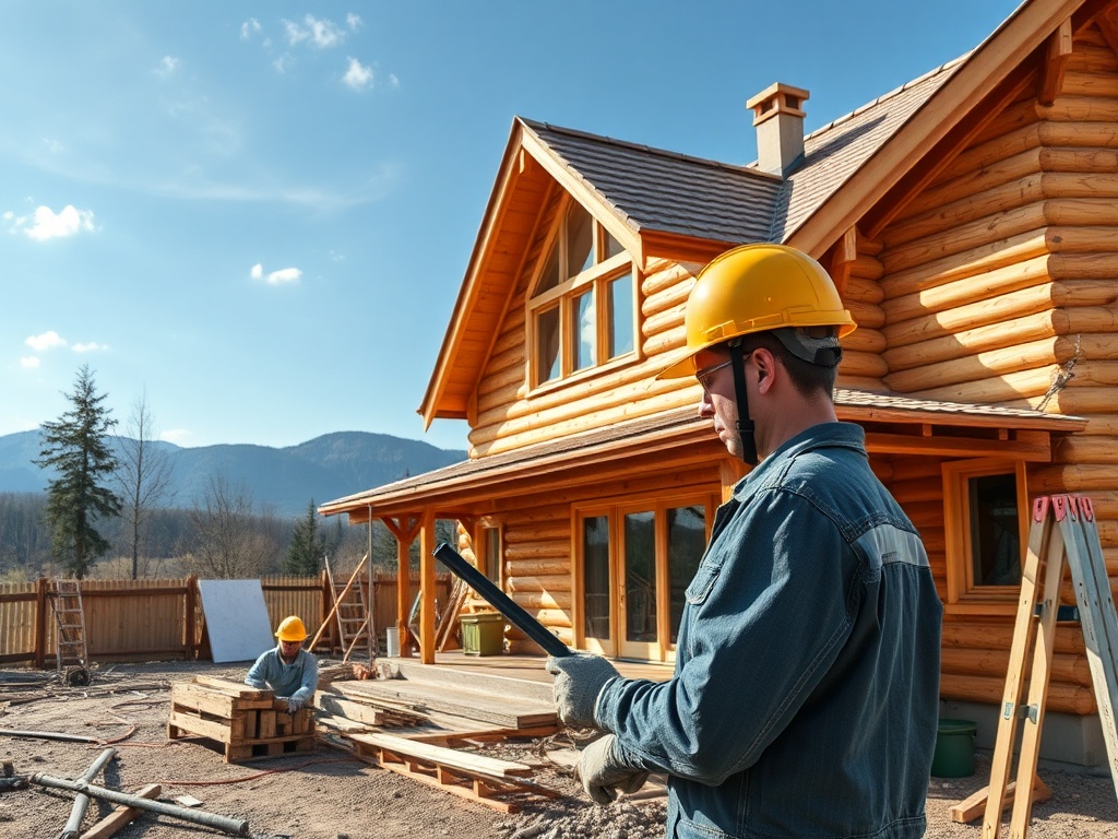 Два строителя работают на строительстве деревянного дома, на фоне гор и ясного неба.