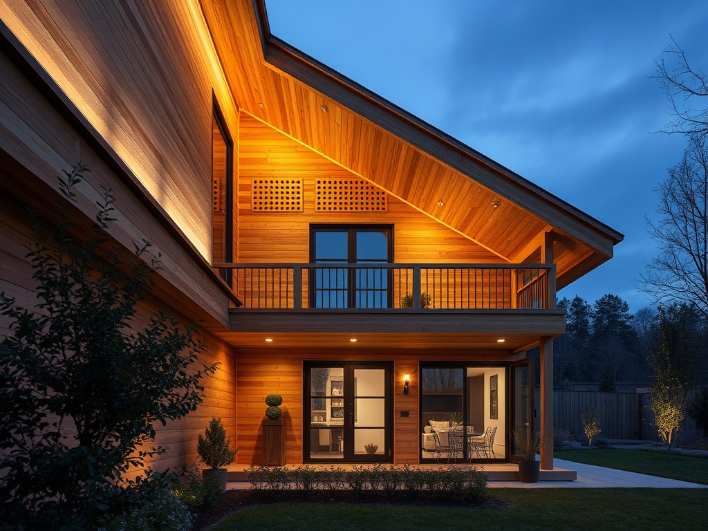 Современный деревянный дом с освещенной верандой на фоне вечернего неба.