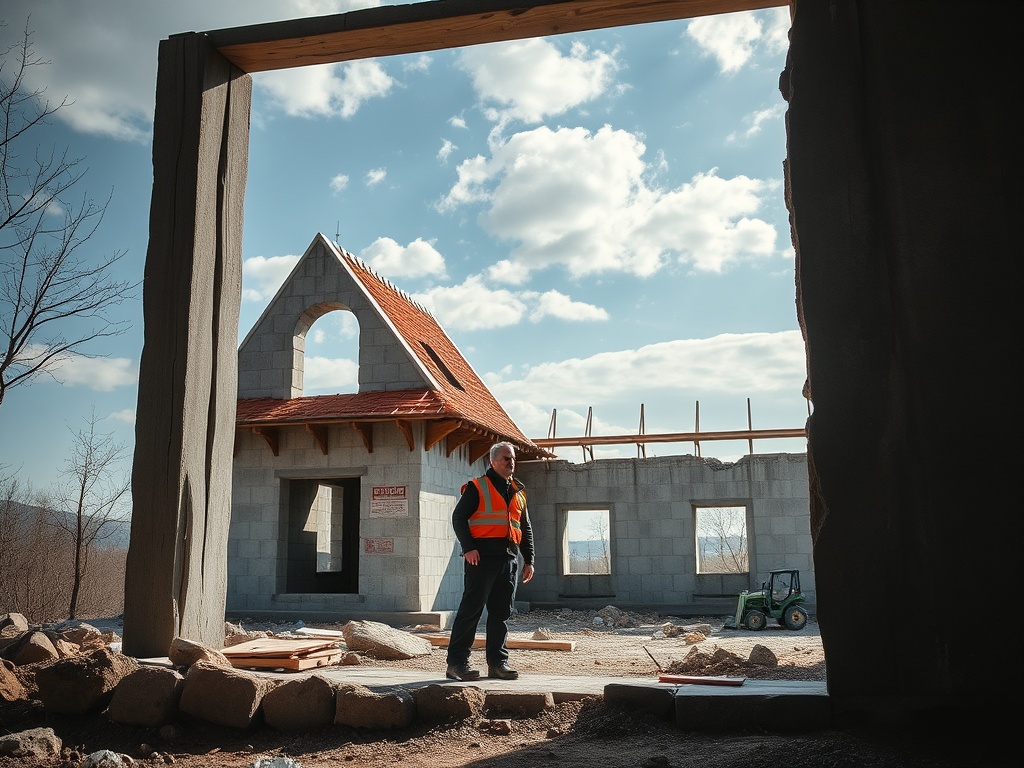 Рабочий в жилом строительстве на фоне строящегося дома с крышей и облачным небом.