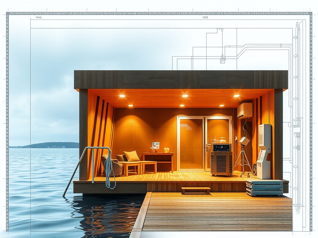 Современный дом на воде с верандой, уютной обстановкой и панорамным видом на озеро.