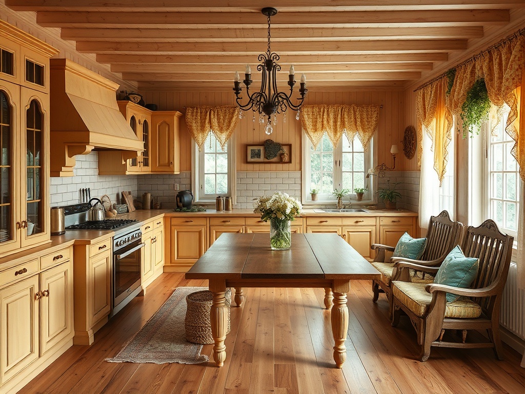 Кухня в светлых тонах с деревянными элементами, столом в центре и уютными креслами у окон.