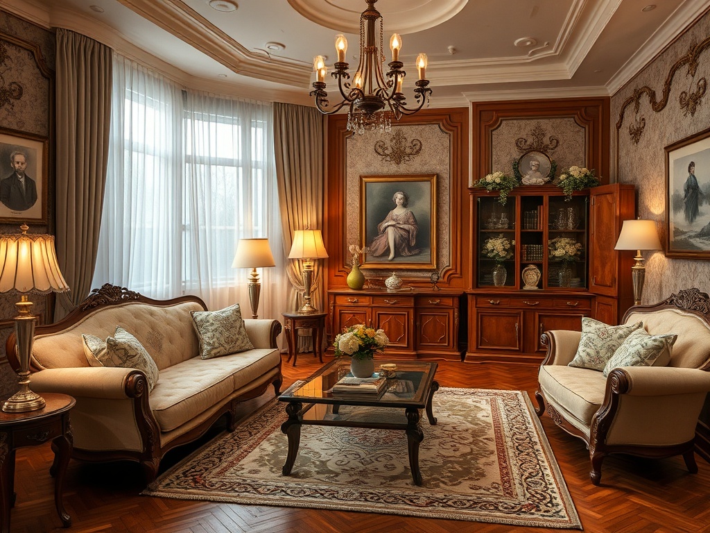 Элегантная гостиная с двумя диванами, кофейным столиком и картинами на стенах, оформленная в классическом стиле.
