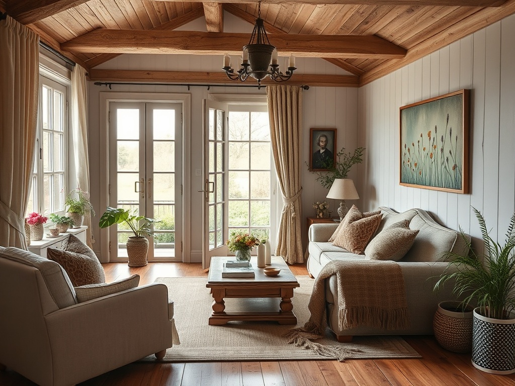 Светлая гостиная с деревянным потолком, мягкой мебелью и видом на сад через стеклянные двери.