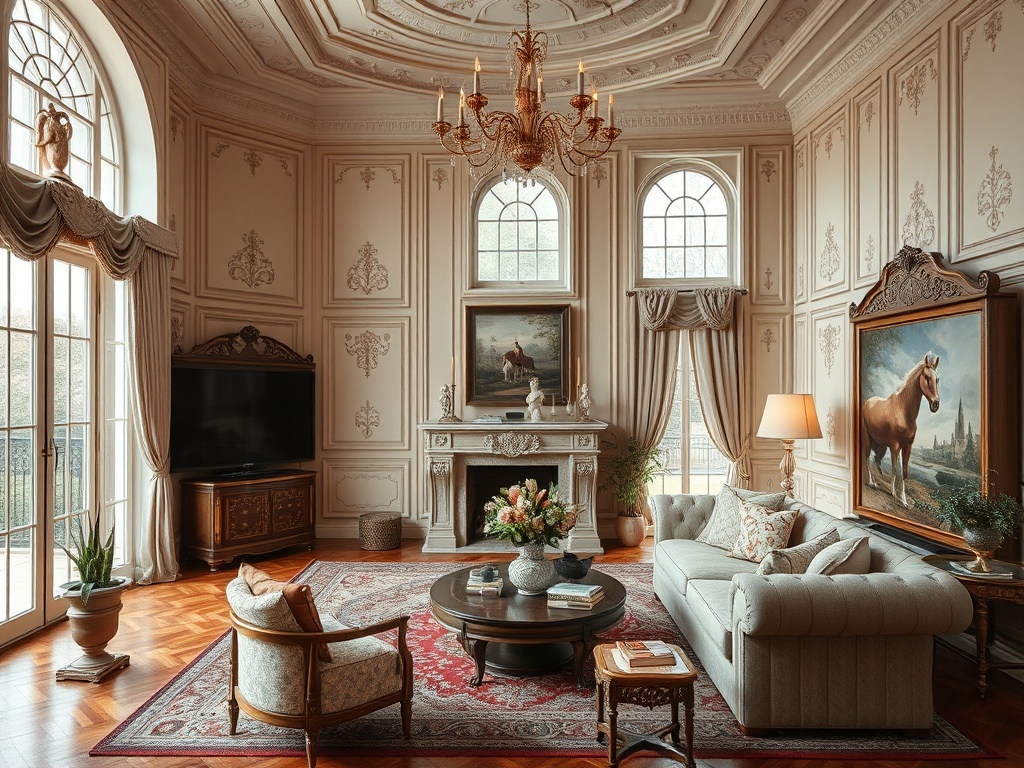 Элегантная гостиная с роскошным декором, картинами и уютной мебелью, наполняющая пространство светом.