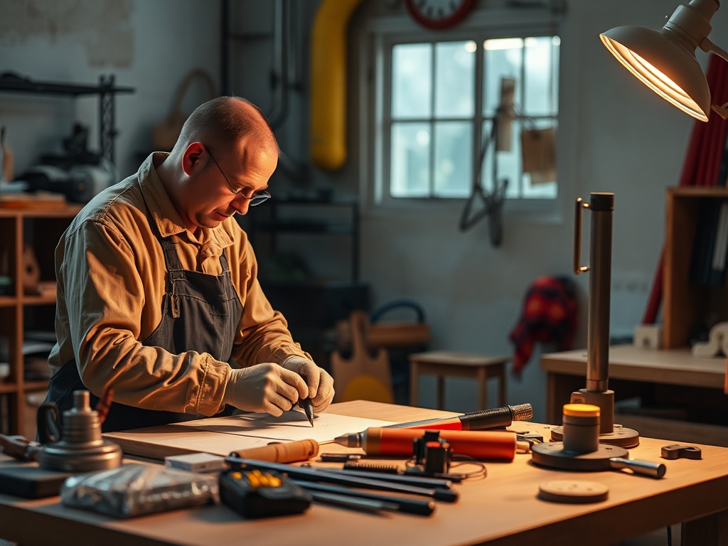 Мужчина в рабочей одежде рисует на бумаге, окружён инструментами в мастерской при мягком свете лампы.