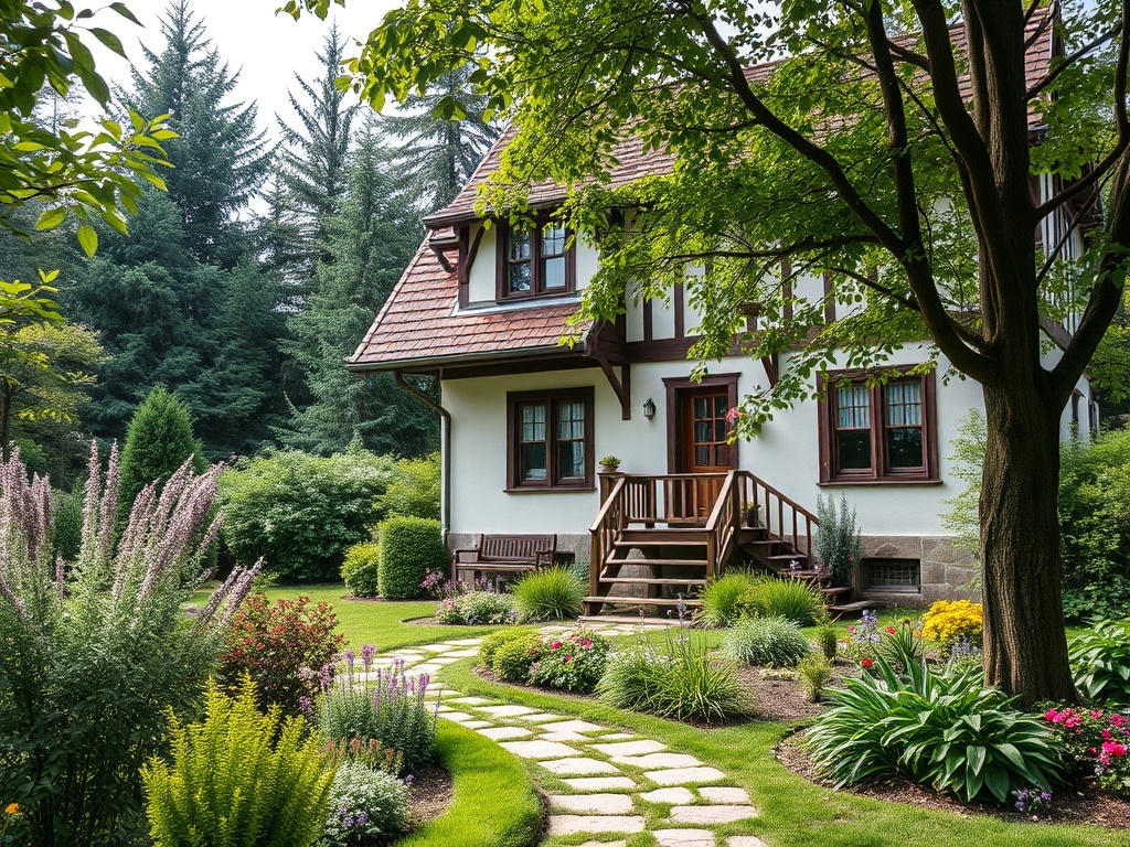 Дом с деревянными элементами и ухоженный сад, окруженный зелеными деревьями и цветами.