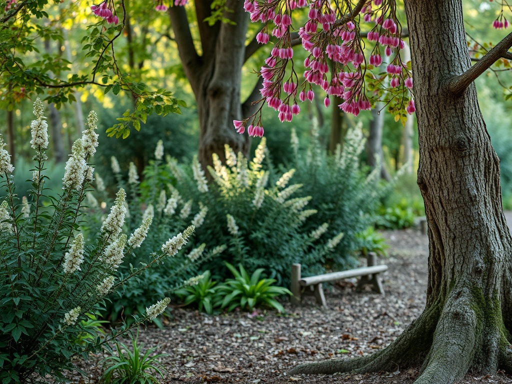 Солнечный сад с цветущими деревьями и зелеными кустами, на фоне расположена скамейка.