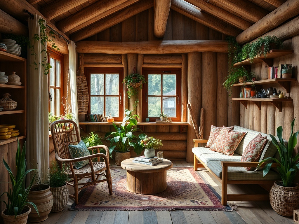 Уютная деревянная комната с зелеными растениями и мягкой мебелью, создающая атмосферу спокойствия.