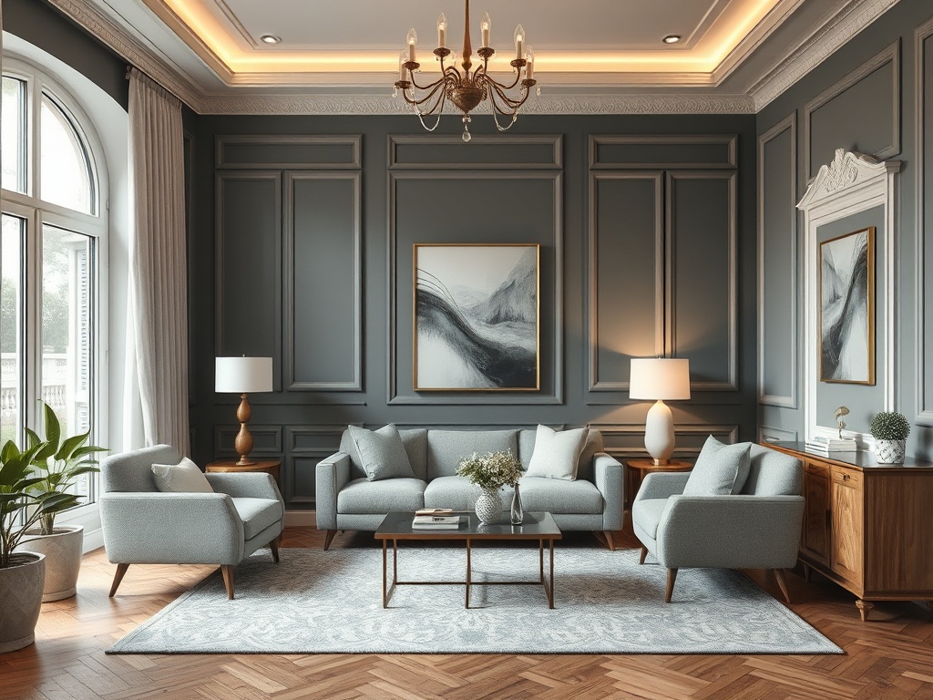 Современный светлый интерьер гостиной с мягкой мебелью и элементами декора на стенах и столике.