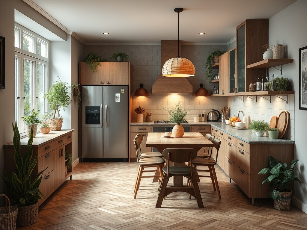 Современная уютная кухня с деревянными шкафами, столом и зелеными растениями. Светлый и теплый интерьер.