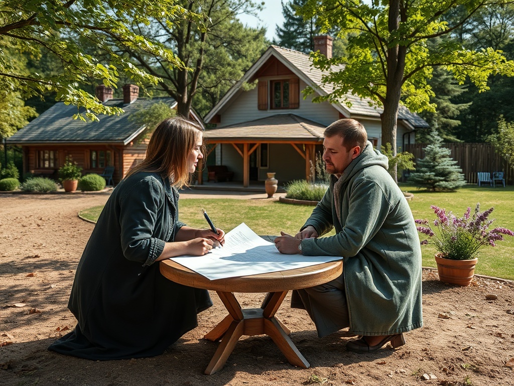 Два человека сидят за круглым столом на улице и обсуждают документы на фоне дома и сада.