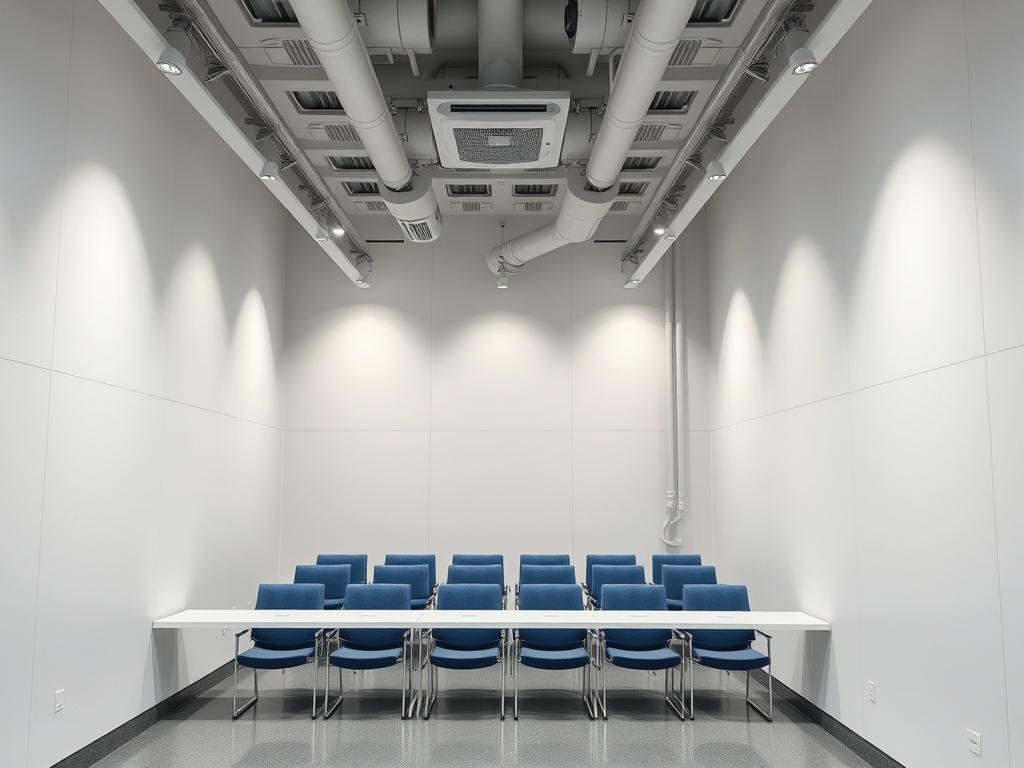 Пустое помещение с белыми стенами и столом, окружённым синими стульями. На потолке видны воздуховоды.