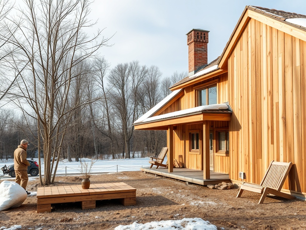 Деревянный дом с верандой и столиком на улице, мужчина идет по двору, вокруг снег и голые деревья.