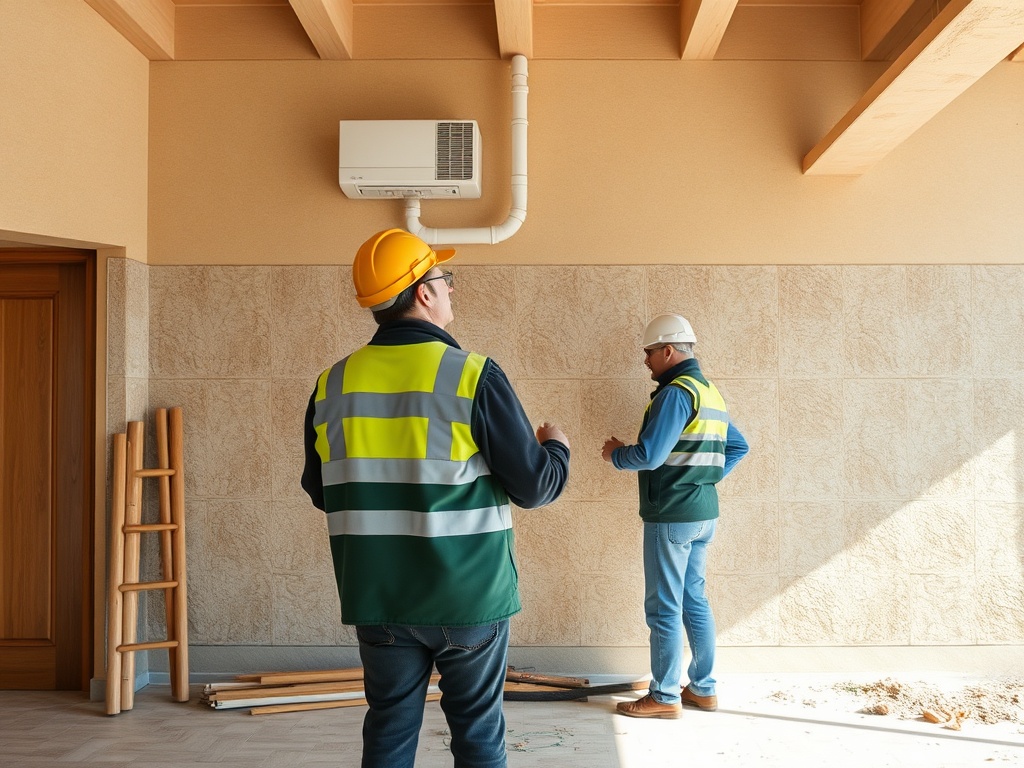 Два строителя в жилом помещении обсуждают установку кондиционера, на фоне рабочих материалов.