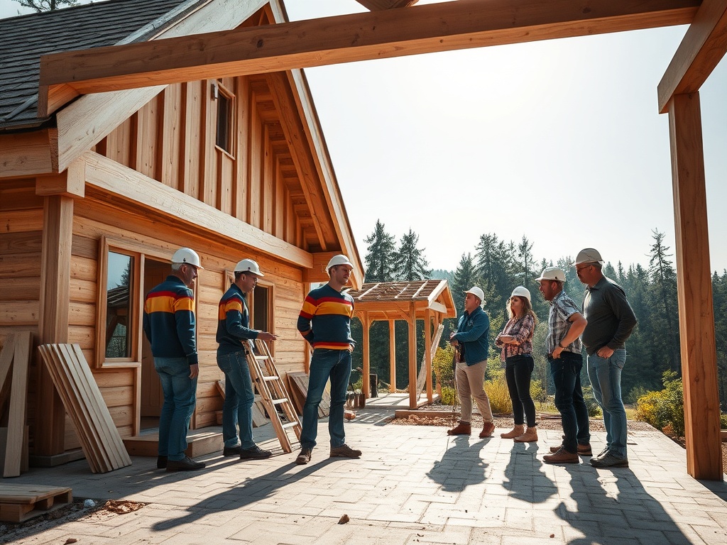 Группа людей в строительных касках обсуждает проект деревянного дома на фоне леса.