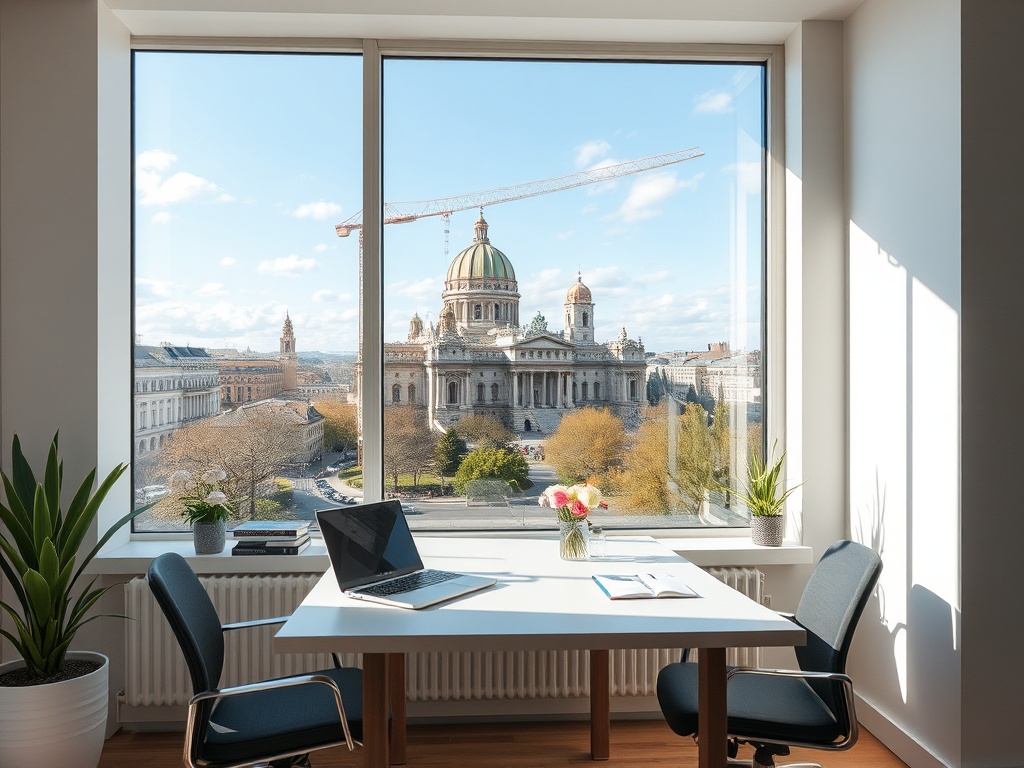 Вид из офисного окна на историческое здание с куполом и стройкой вдали, освещённое солнечным светом.