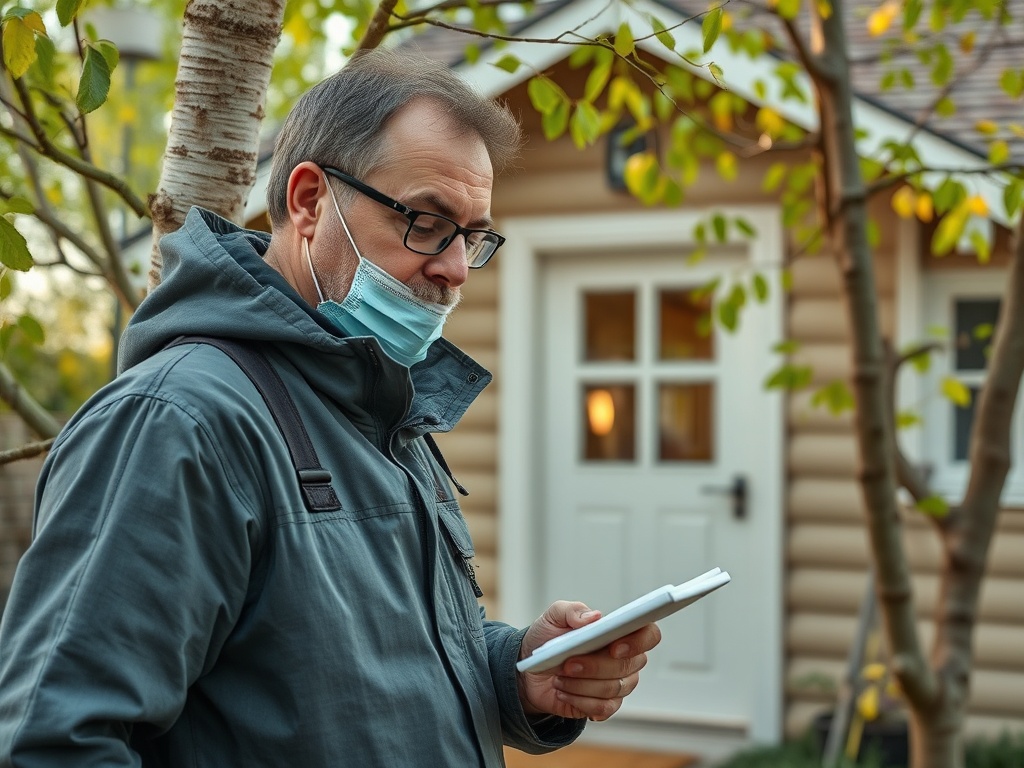 На изображении человек в маске стоит с планшетом на фоне дома и деревьев. Осень, тепло, спокойная атмосфера.