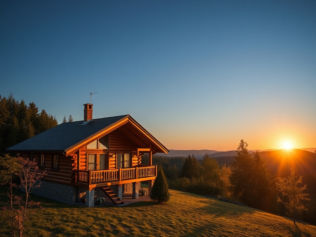 На картине загородный дом на фоне восхода солнца и живописных лесов. Спокойствие природы и уют.