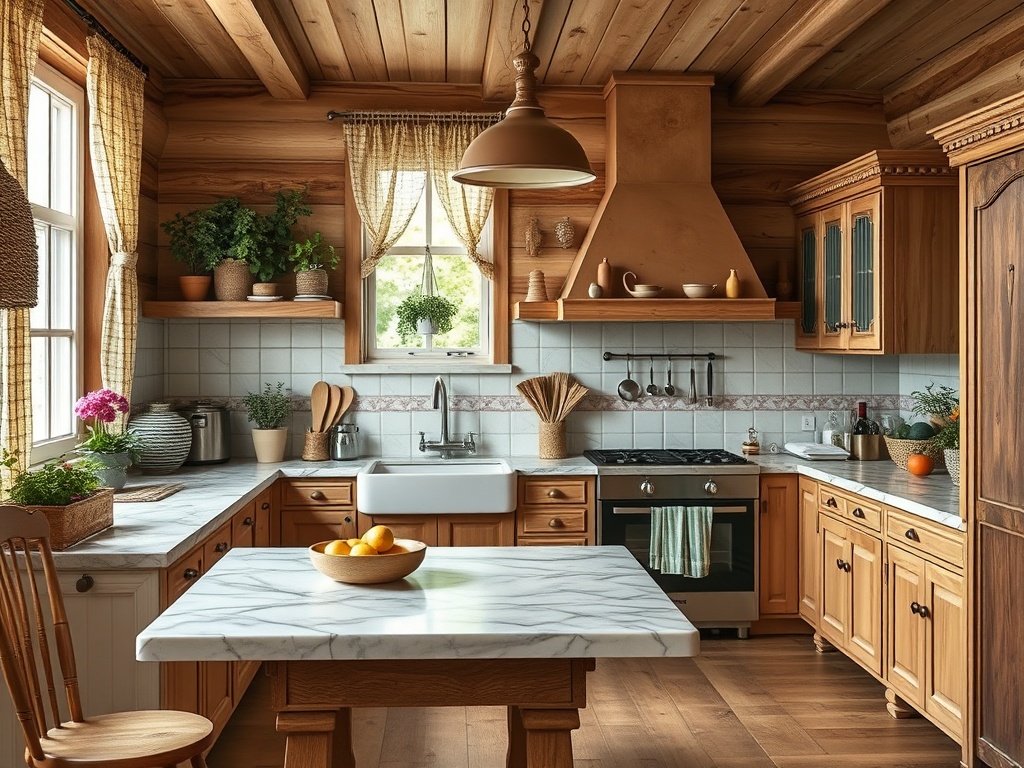 Уютная кухня с деревянными деталями, белыми плитками и растениями на полках. Стол с фруктами в центре.