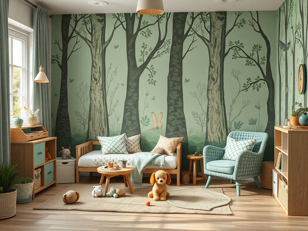 Детская комната с растительными обоями, мягкой мебелью и игрушками, создающая уютную атмосферу.