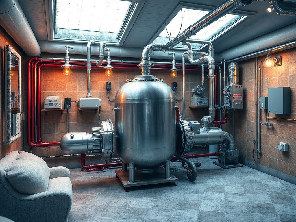 Современное помещение с металлическим оборудованием, трубами и светильниками, создающее атмосферу работы.