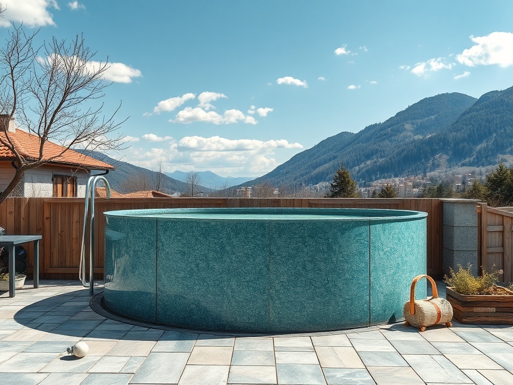 Круглый бассейн на террасе с панорамным видом на горы и голубое небо с облаками. Солнечный день.