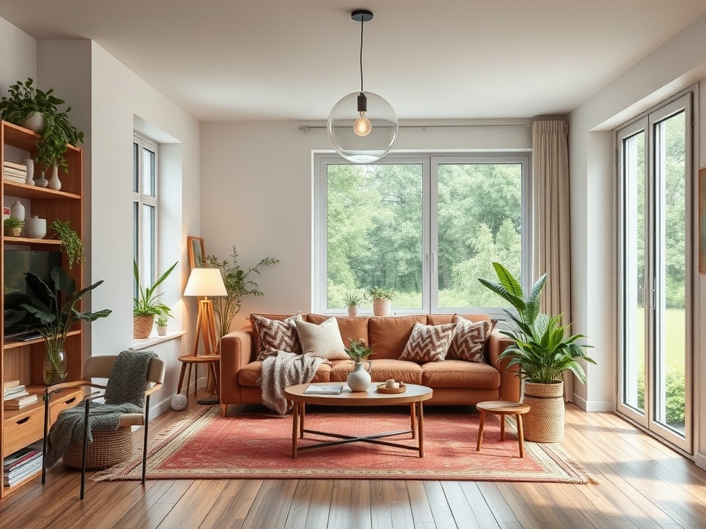 Современный уютный интерьер с коричневым диваном, зелеными растениями и большими окнами, пропускающими свет.