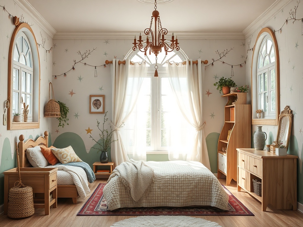 Светлая детская комната с деревянной мебелью, мягкими игрушками и уютными текстилем. Окно с ярким солнечным светом.