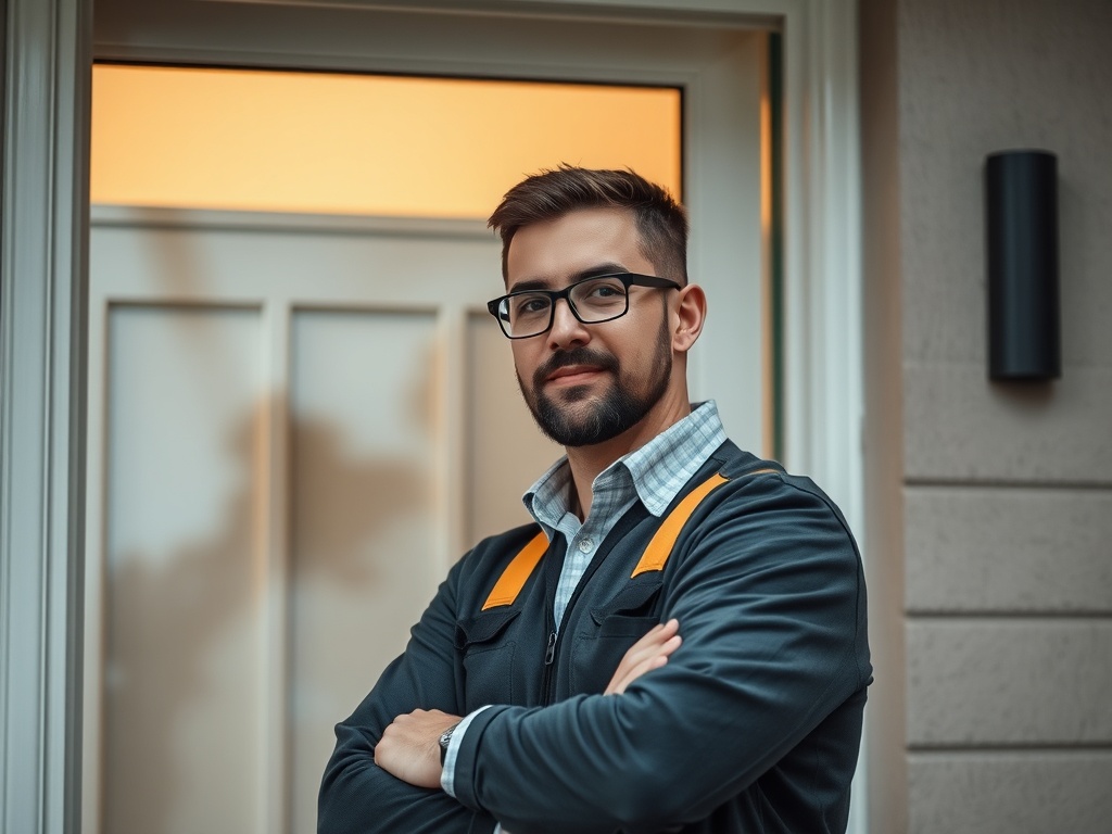 Мужчина в термокуртке стоит у двери, скрестив руки, с уверенным выражением лица.