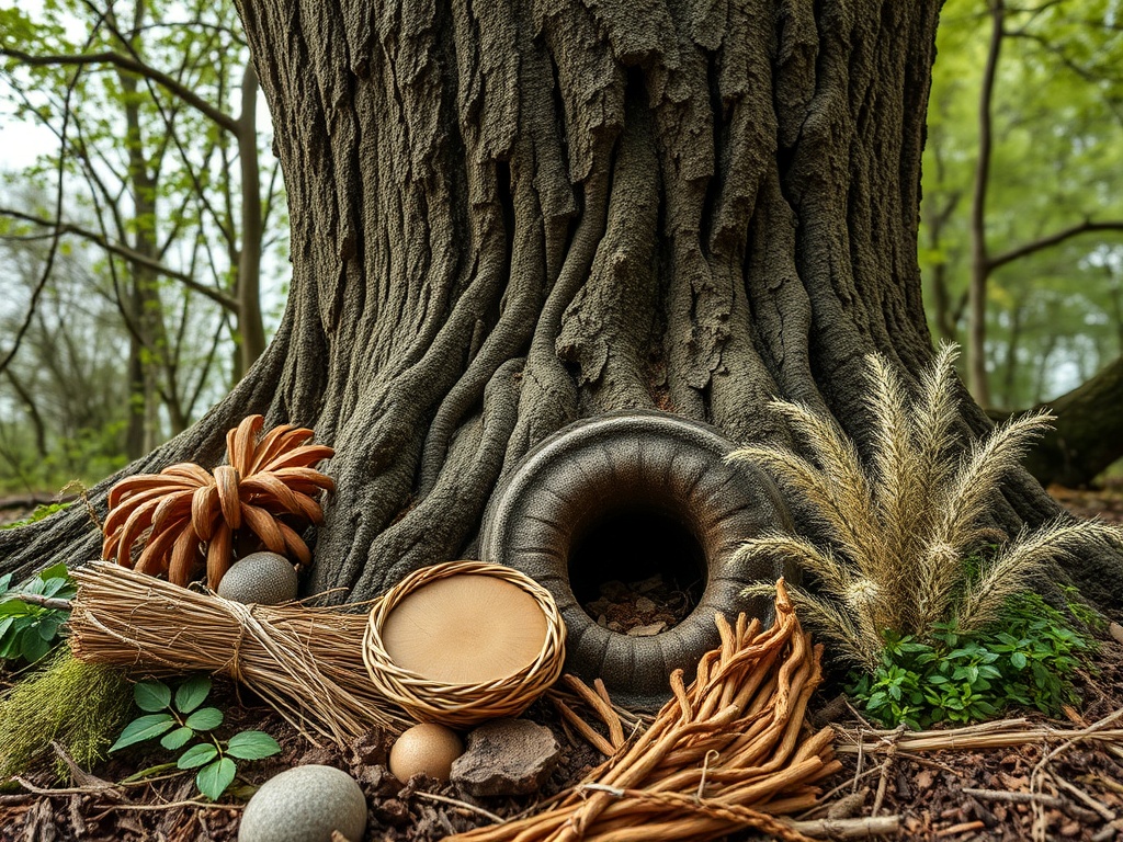 У основания дерева расположены разнообразные природные элементы: коряги, травы и семена, создающие гармонию.