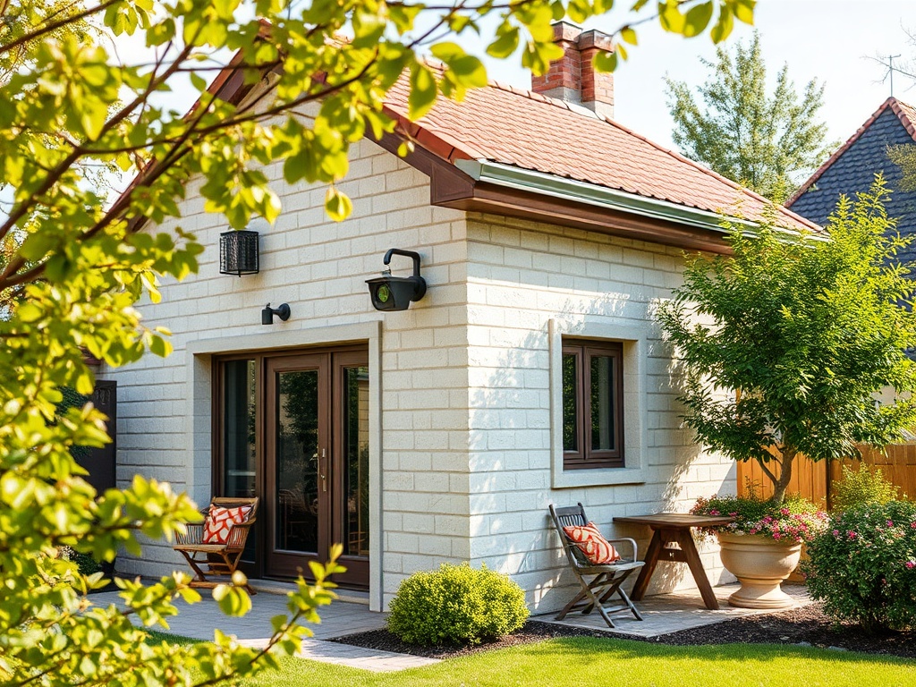 Уютный дом с зеленым двором и цветами, готовый для отдыха на открытом воздухе.