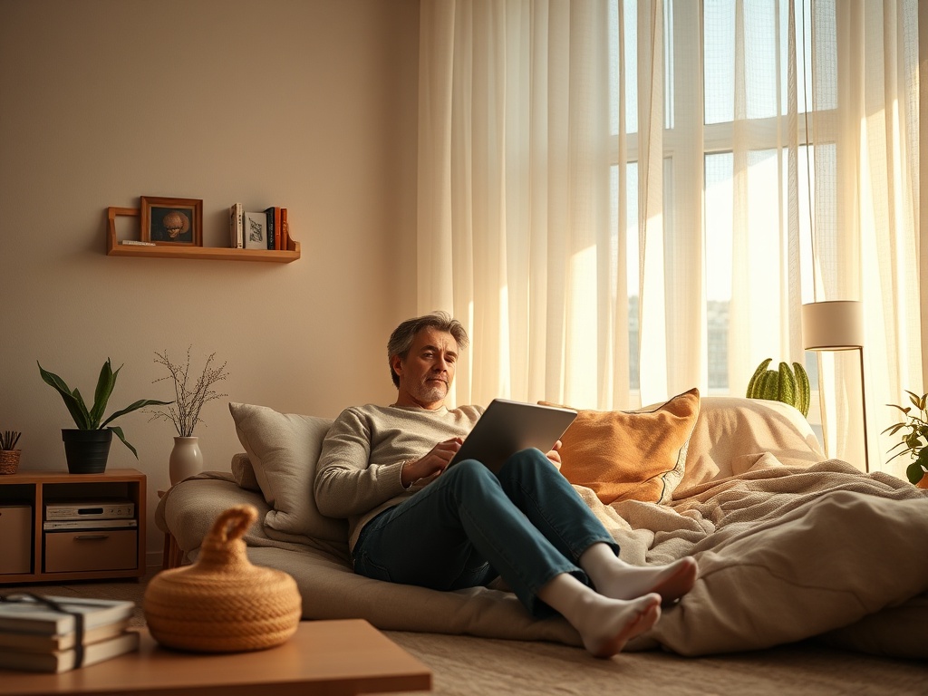 Мужчина сидит на диване и пользуется планшетом в уютной комнате с мягким светом и растениями.