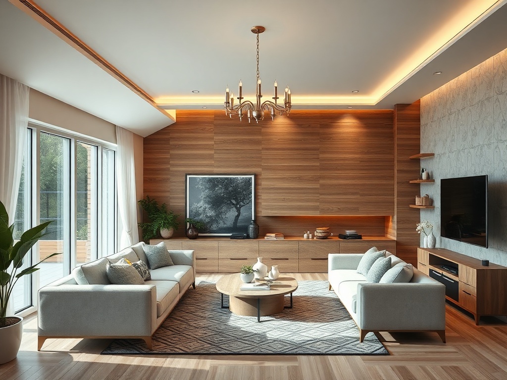 Современный светлый гостиный интерьер с двумя диванами, журнальным столиком и стеной из дерева.